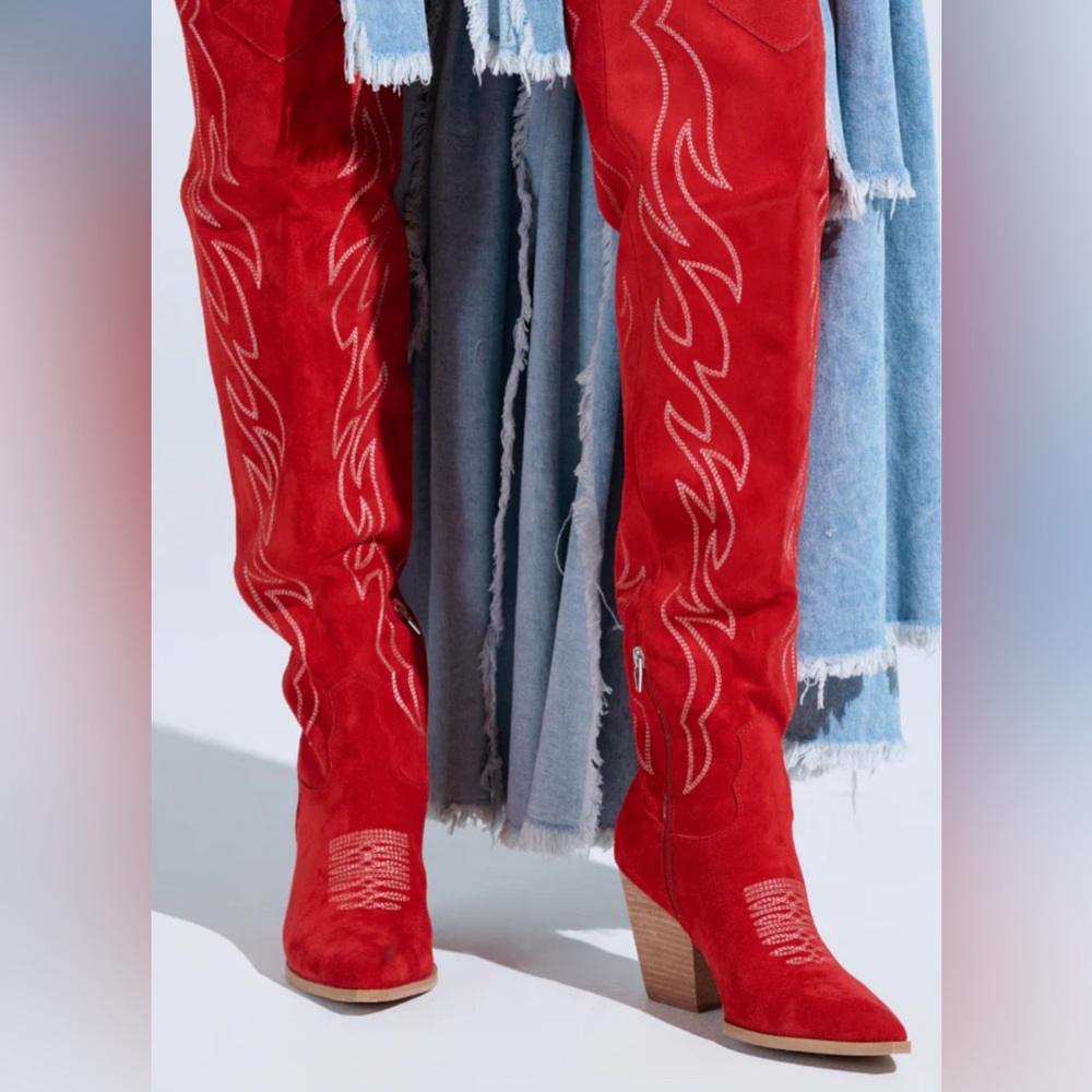 AKIRA Red Over the Knee Boots